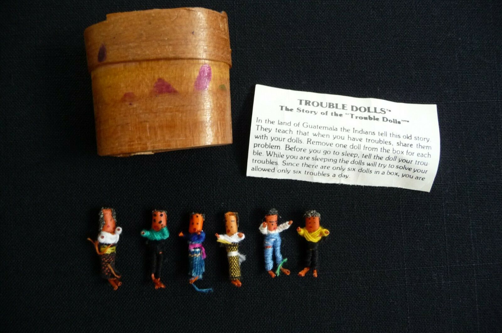 Trouble Dolls (1" Tall) W/ Oval Thin Wood Box App.2"x1"x1.5"  Made In Guatemala
