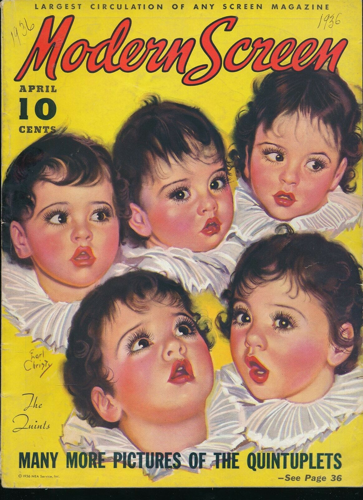 Dionne Quintuplets Earl Christy Painted Cover April 1936 Modern Screen Magazine