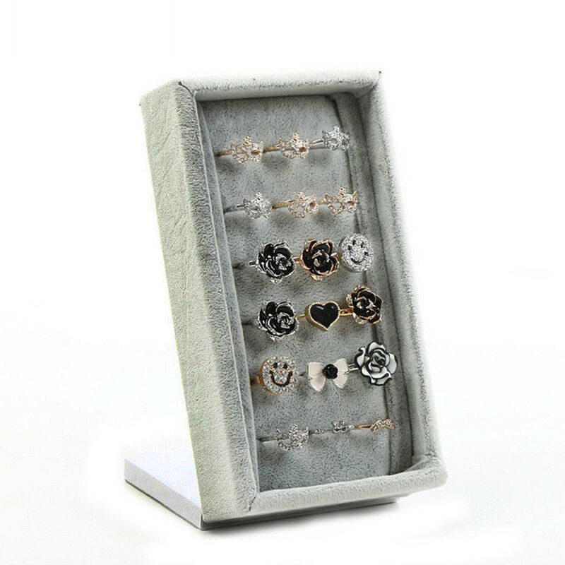 Jewelry Display Organizer Stand Ring Storage Showcase Grey Velvet Box