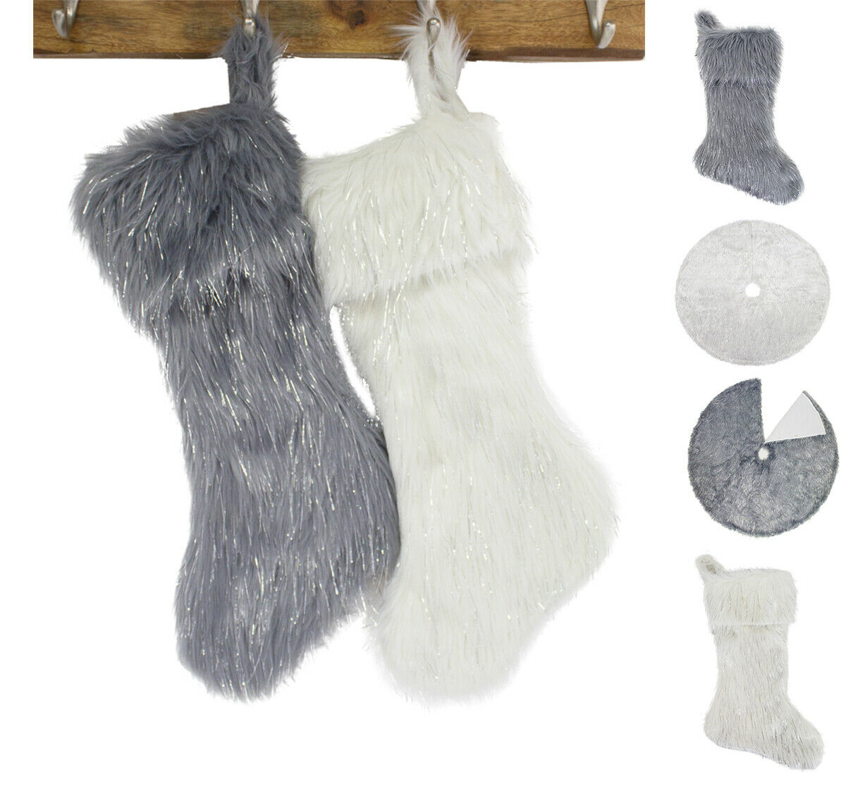 Fennco Styles Faux Fur Silver Lurex Thread Xmas Tree Skirt Stocking 2 Colors
