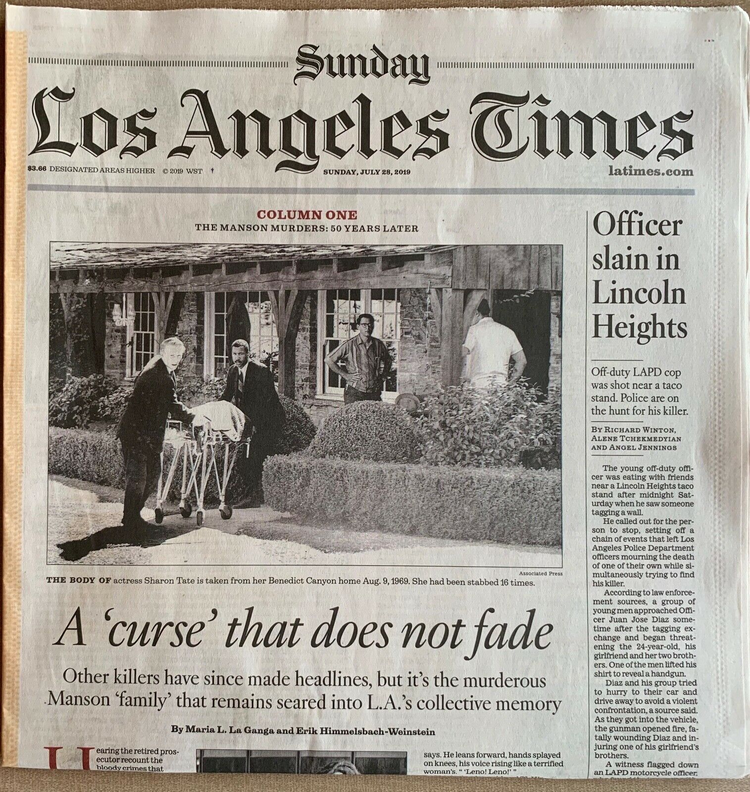 Sharon Tate Cielo Drive - Los Angeles Times July 28, 2019 Newspaper
