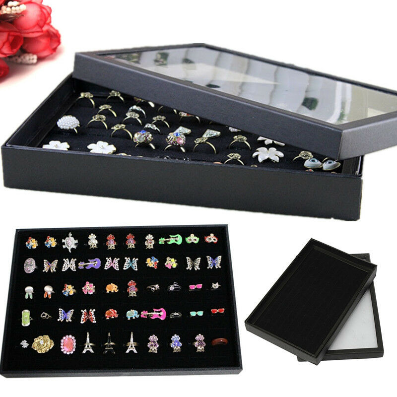 100slot Ring Display Case Organizer Top Jewelry Storage Box Tray Holder With Lid