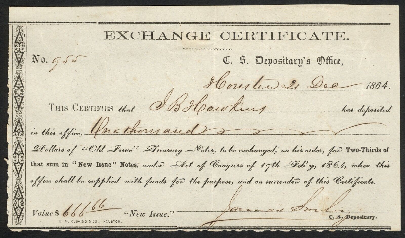 1864 Trans-mississippi Currency Exchange Certificate – James Sorley