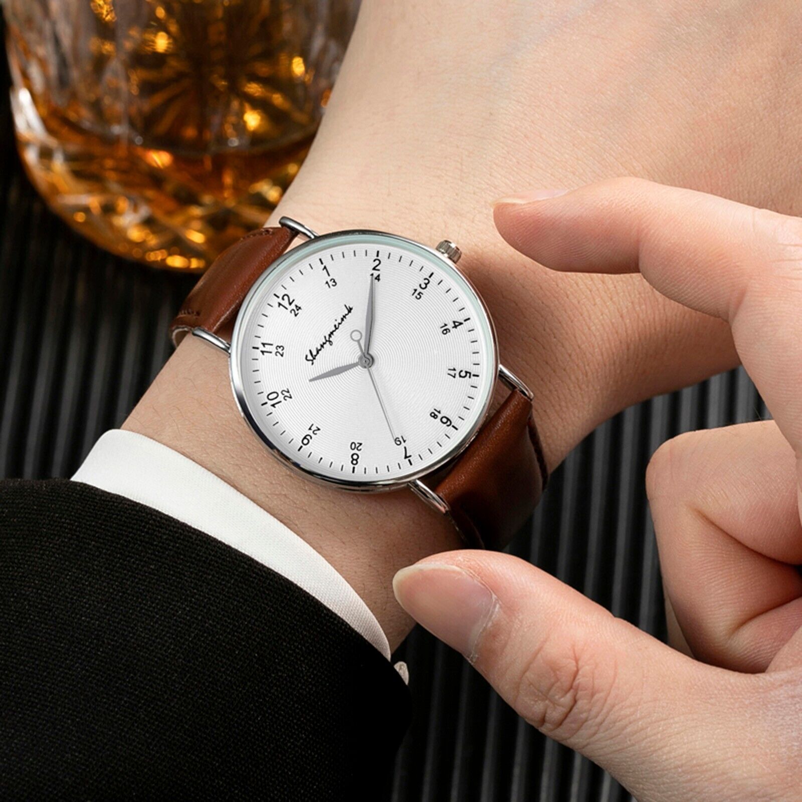Men's Stainless Steel Quartz Watch With Leather Strap Wind Up Wrist Watches
