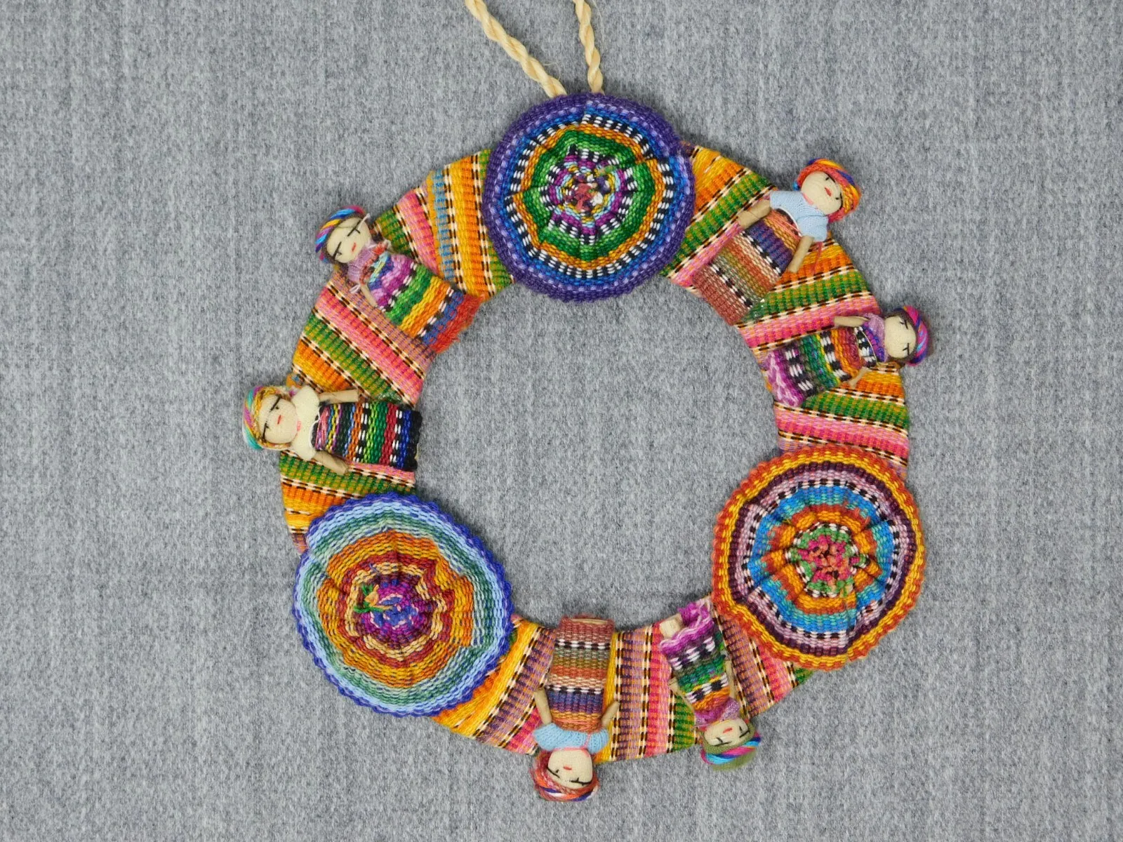 Handmade Guatemalan Worry Doll Wreath (bl) Ornament 6" Diameter