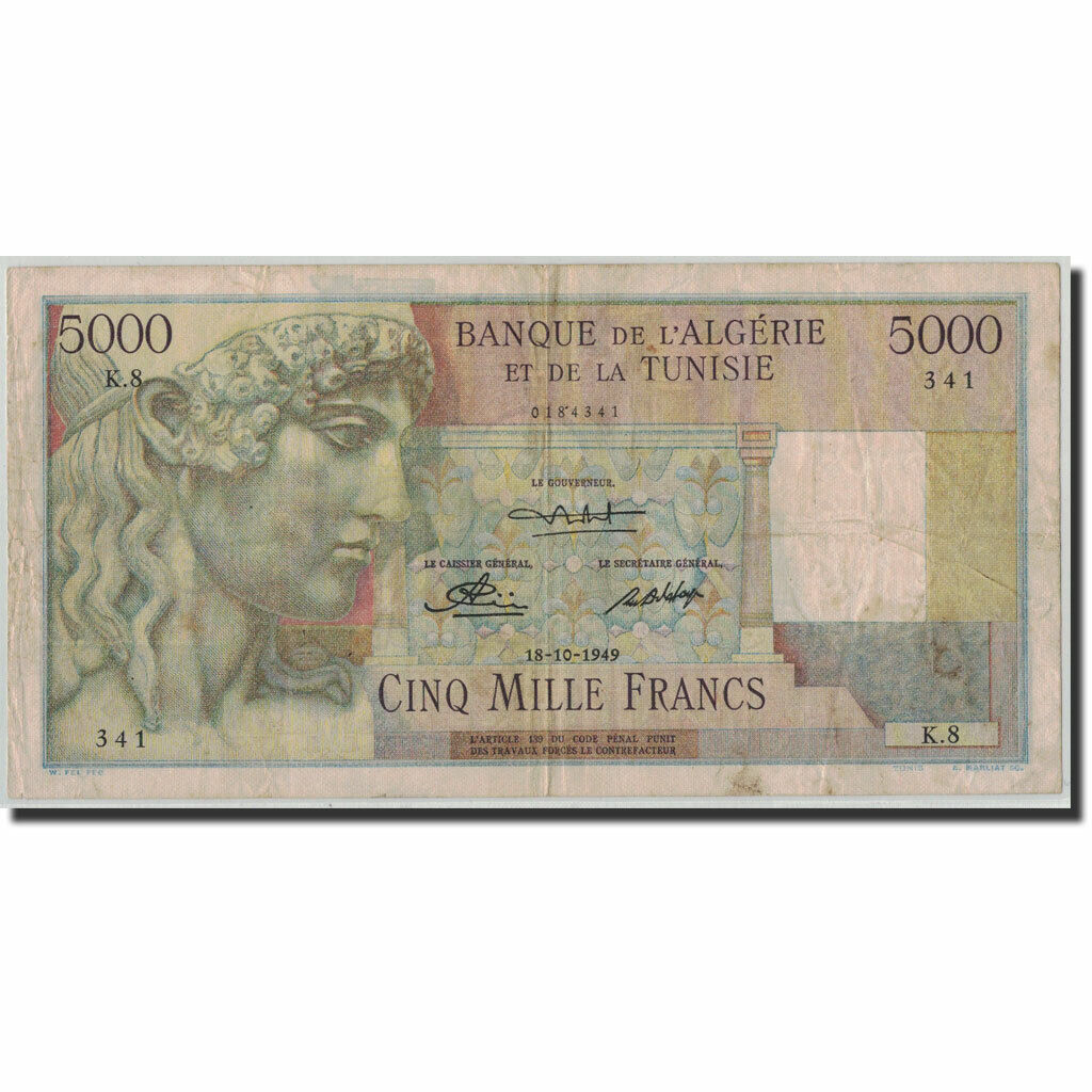[#315772] Banknote, Tunisia, 5000 Francs, 1949, 1949-10-18, Km:27, Vf