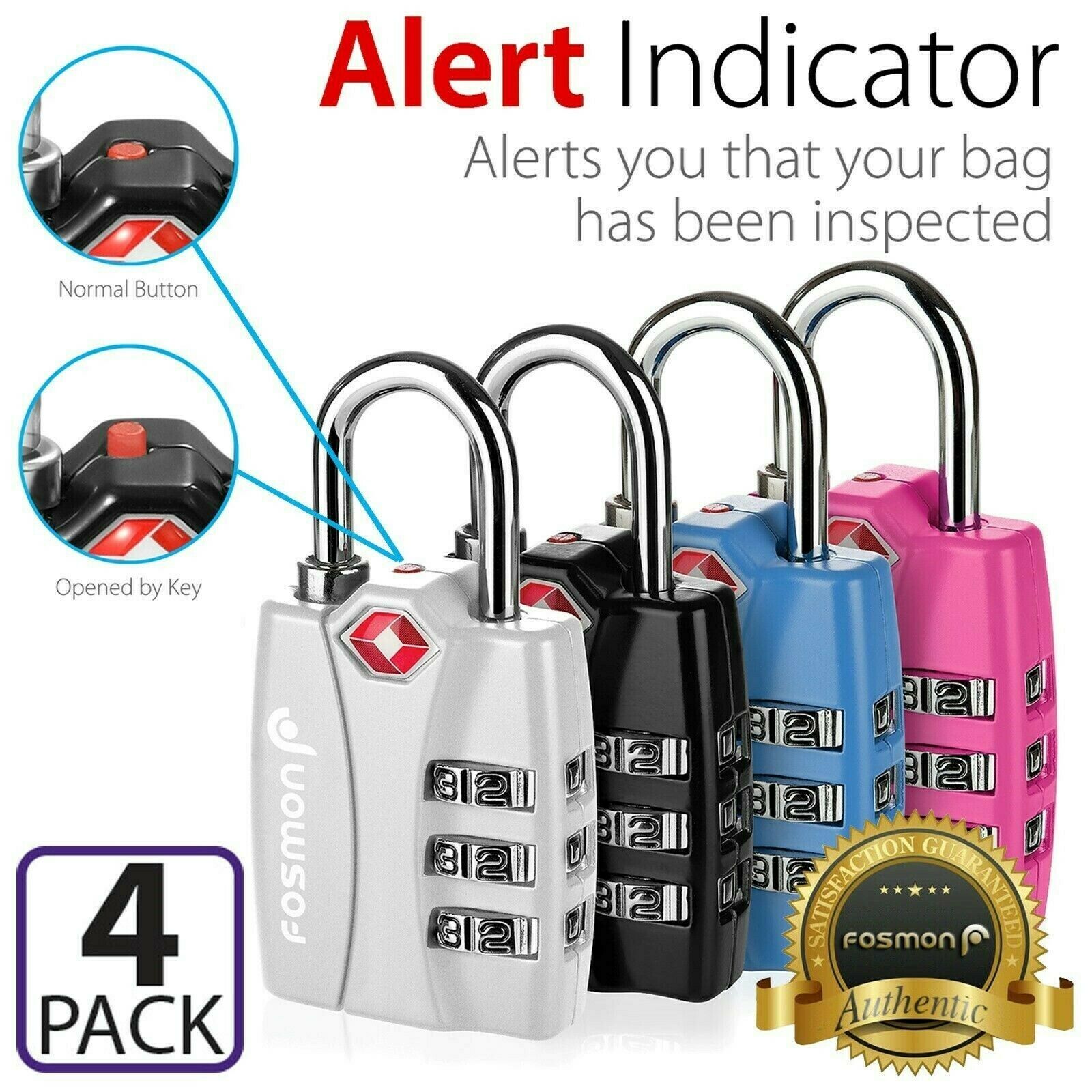 4x [tsa Approve] 3 Digit Alert Indicator Travel Luggage Bag Lock Padlock Reset