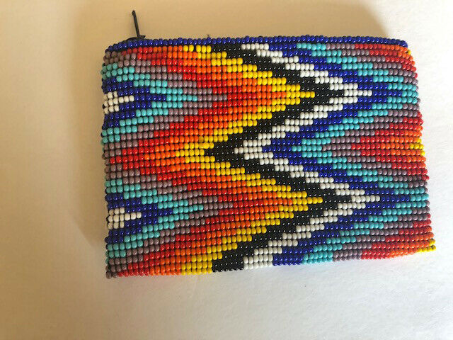 Handcrafted Guatemala Beaded Coin Bag Southwestern  Red & Blue Geometric Design