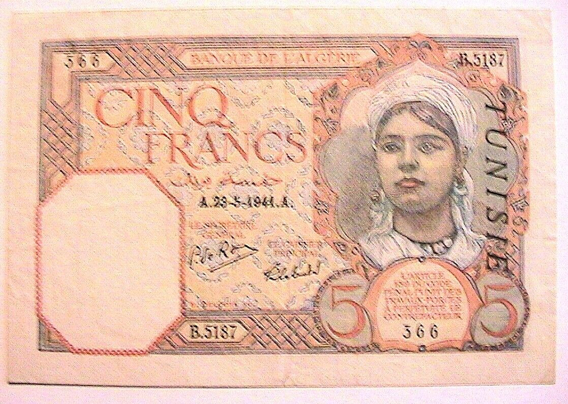 1941 Tunisia Overprint Algerian 5 Franc Ch Vf Banknote Currency Paper Money P-8b