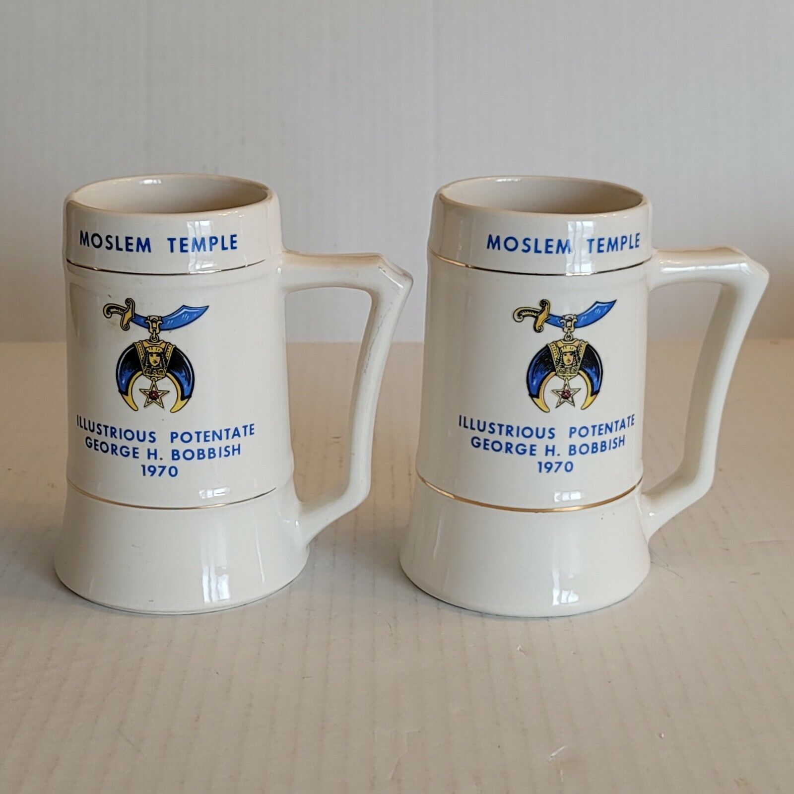 Vintage Pair Of 1970 Moslem Temple Freemason Masonic Ceramic Beer Mugs 6" Tall