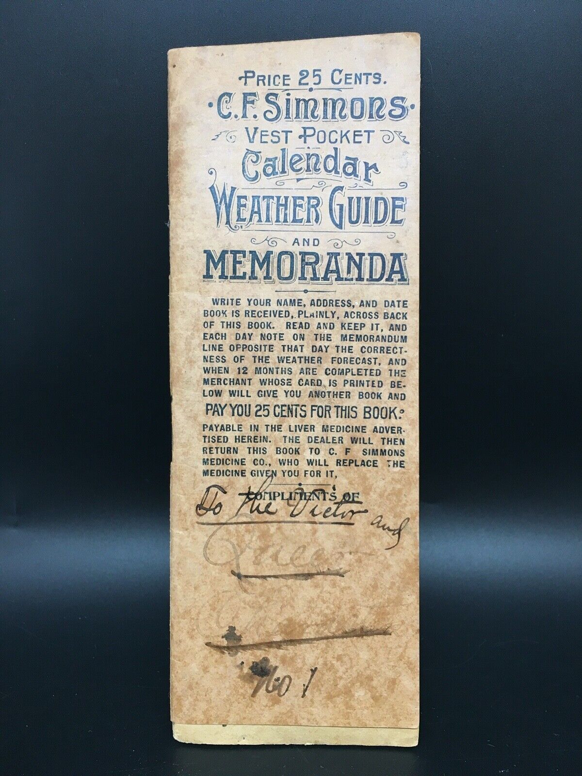 C.f. Simmons Vest Pocket Calendar Weather Guide And Memoranda