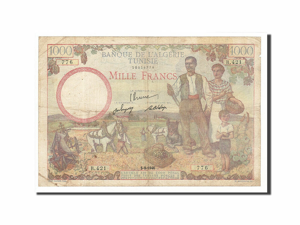 [#160911] Banknote, Tunisia, 1000 Francs, 1946, 1946-09-05, Km:26, Vf