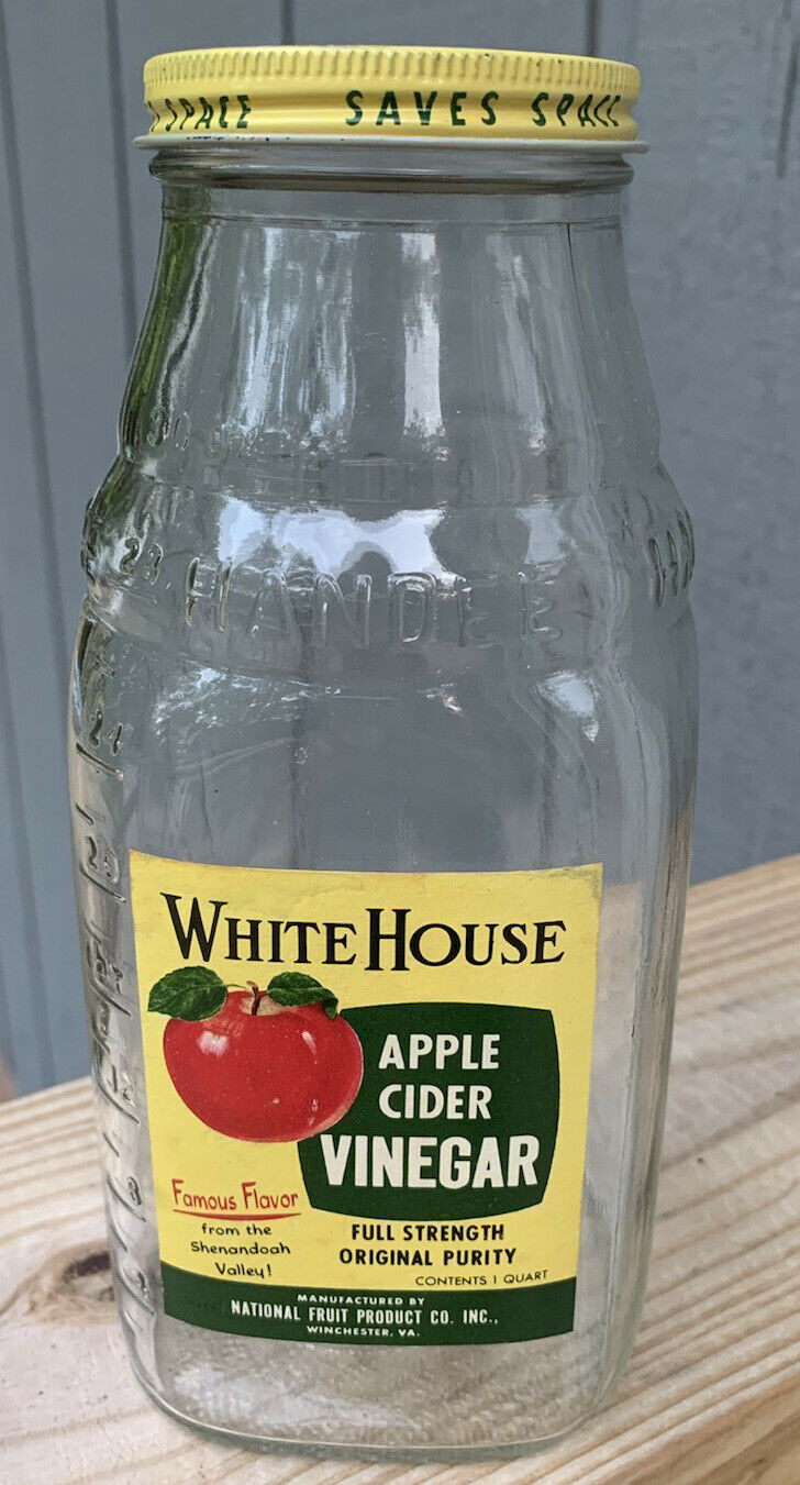 White House Apple Cider Vinegar 1 Quart Jar Bottle Paper Label Handee Lid