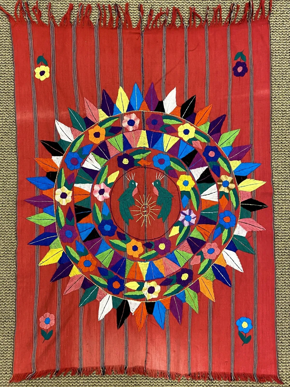 Vintage Patzun Guatemalan Red Tapestry Textile Bird Flower Sun Guatemala