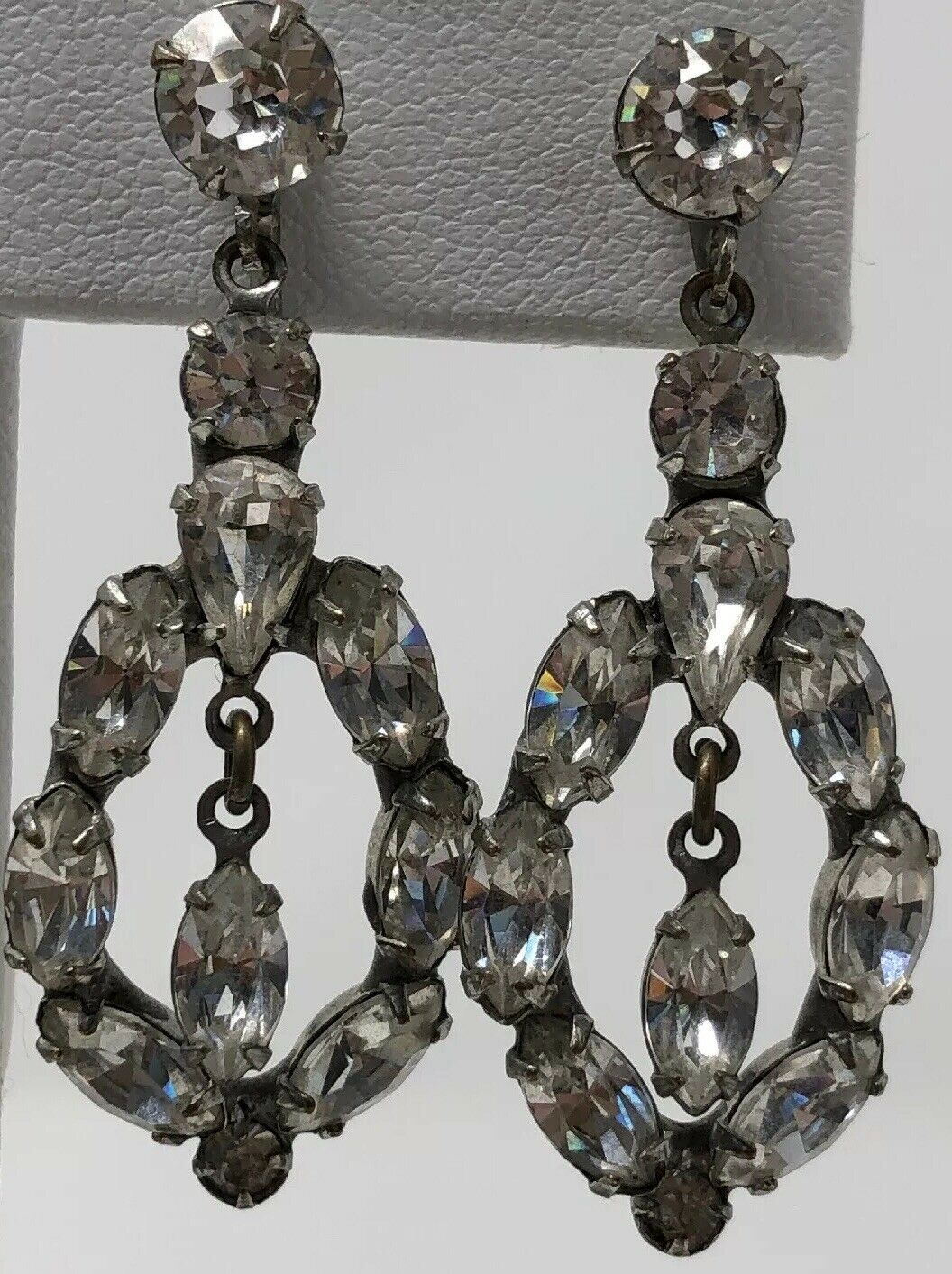 Vintage 1920's Art Deco Sparkly  Rhinestone Long Dangling Screwback  Earrings