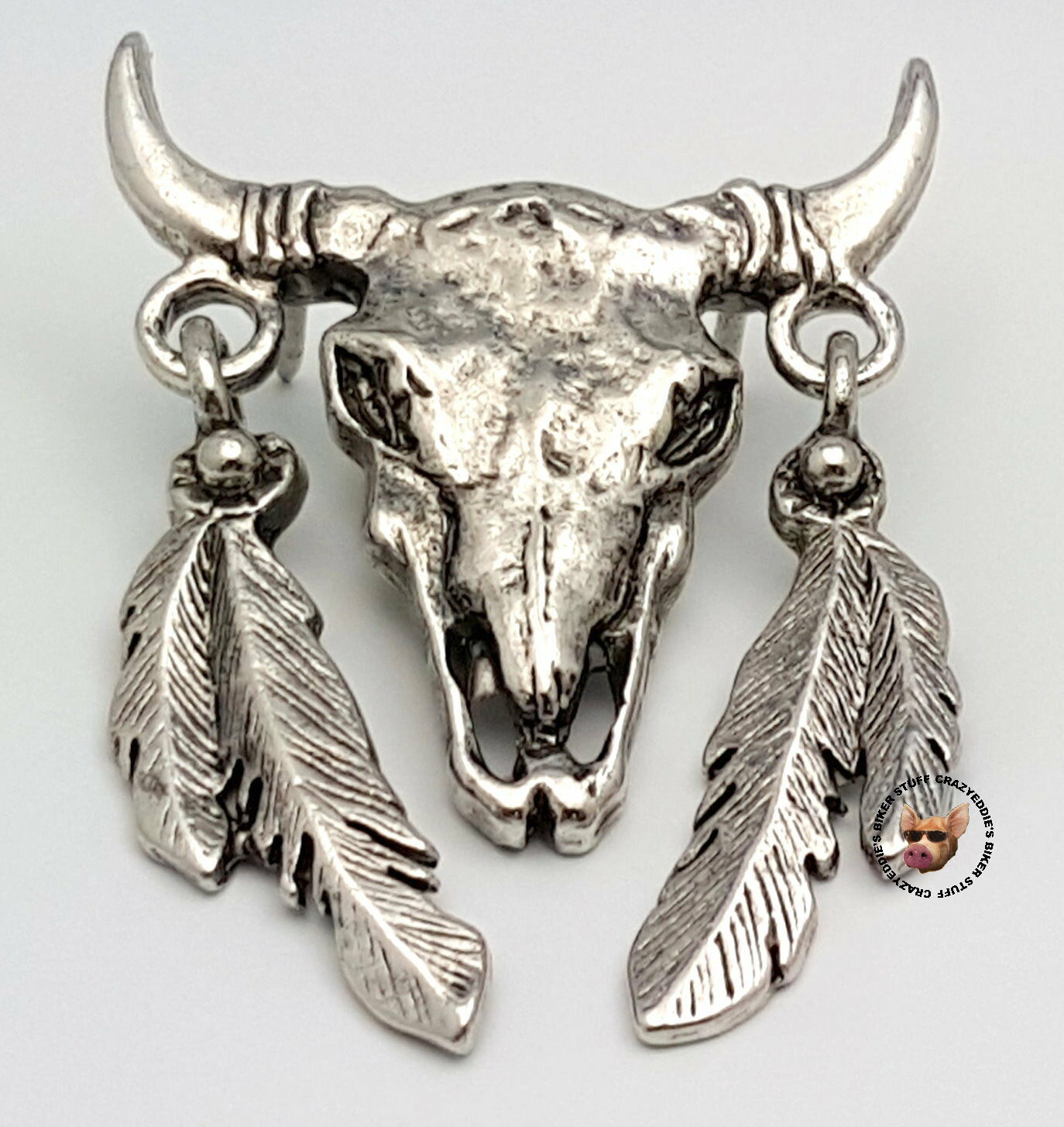 Motorcycle Buffalo Skull With Feathers Biker Vest Jacket Pin   * Made In Usa *