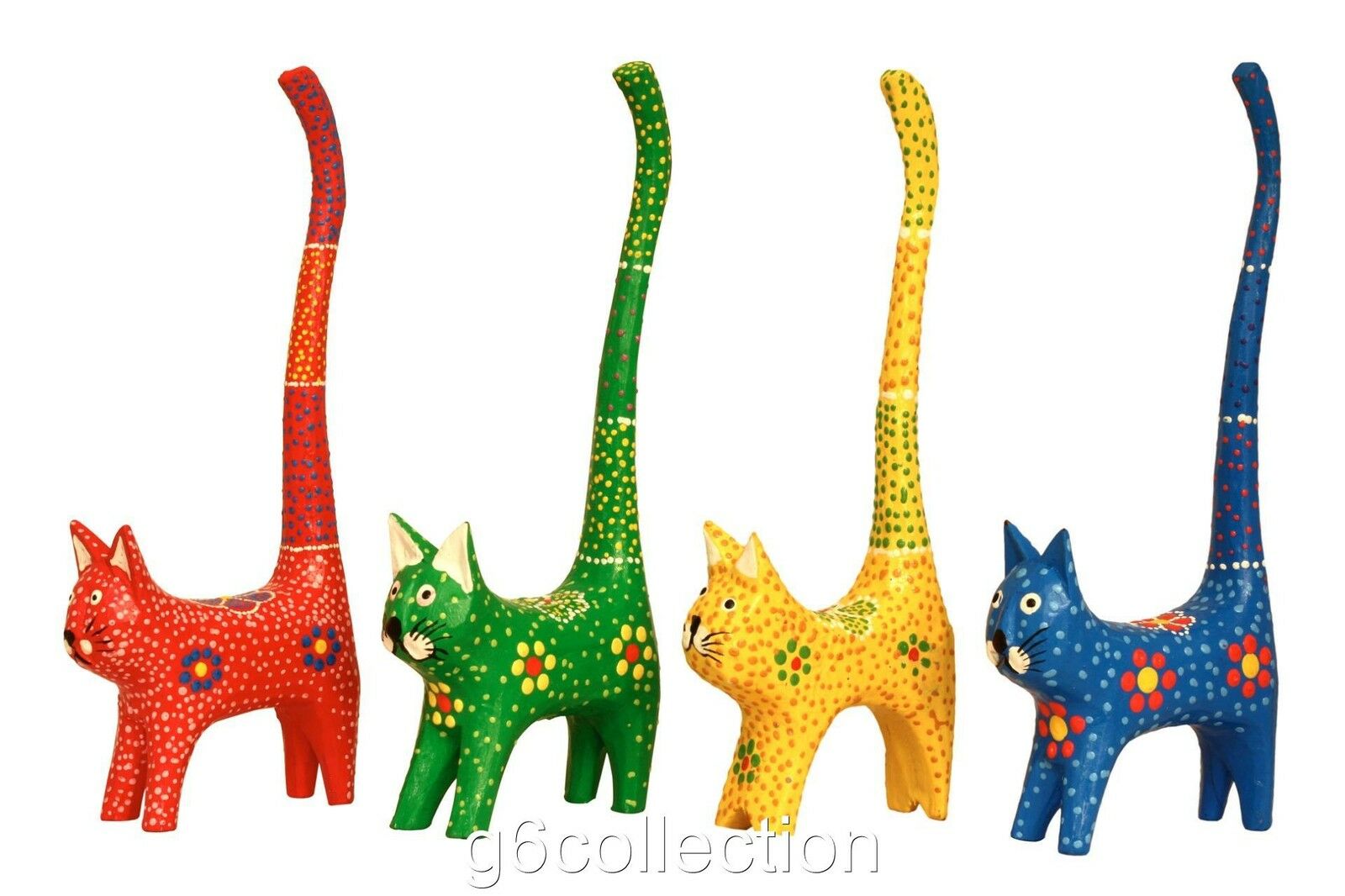 7" Cat Long Tail Cute Ring Holder Hand Dot Painting Wooden Hand Carved Colorful