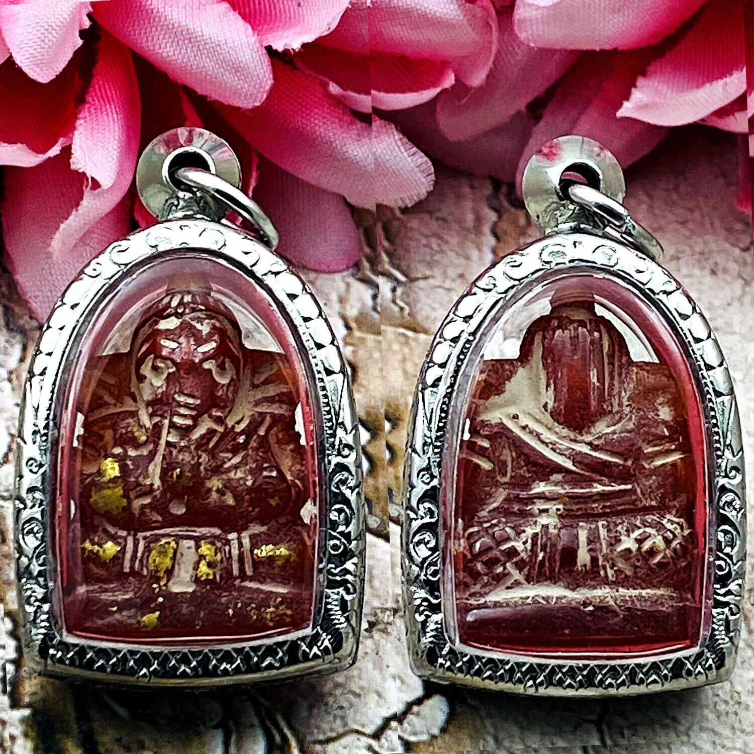 Leklai Naga Eye Ganesha Elephant Stone Luck Red Ancient Kruhod Thai Amulet 15421