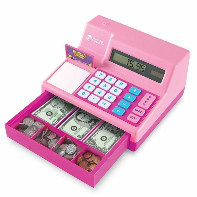 Pretend Play Cash Register Assorted Pink Play Set Kids Shop Toy Solar Activated