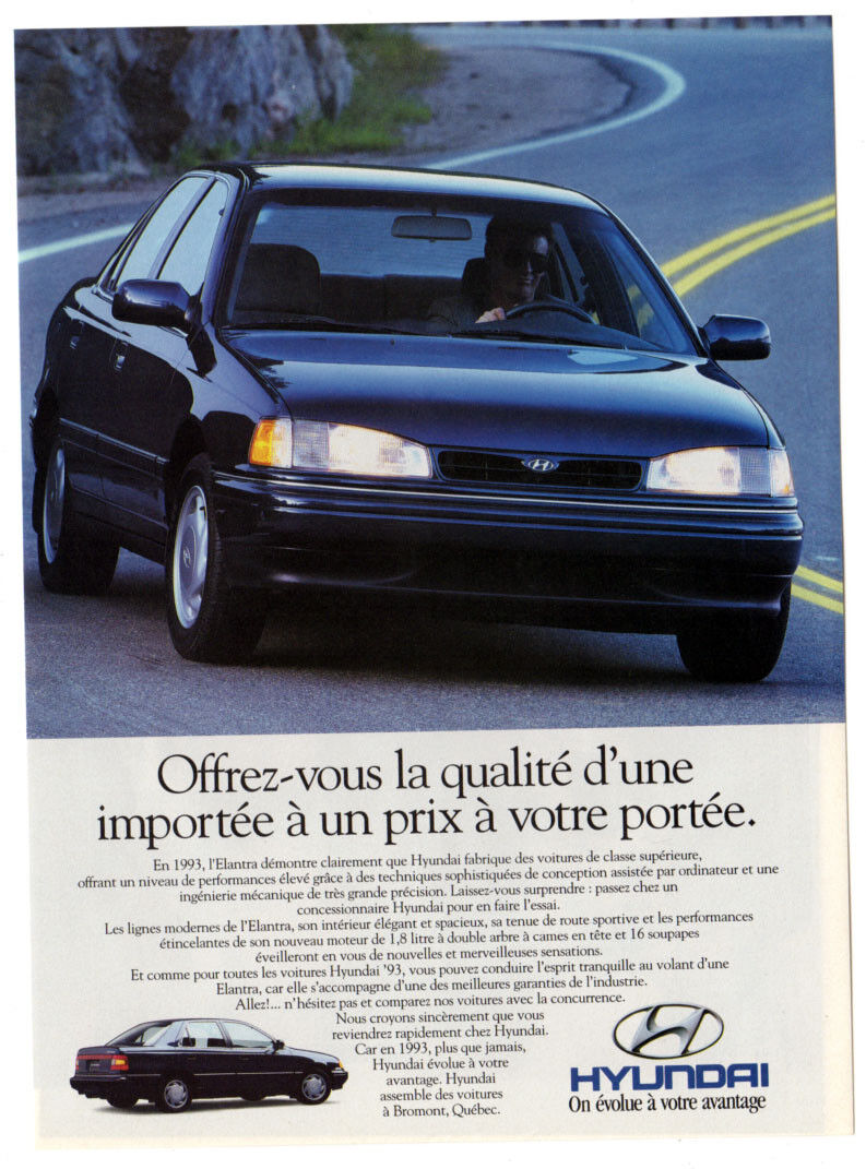 1993 Hyundai Elantra Vintage Original Print Ad Black Car Photo Road French Ca